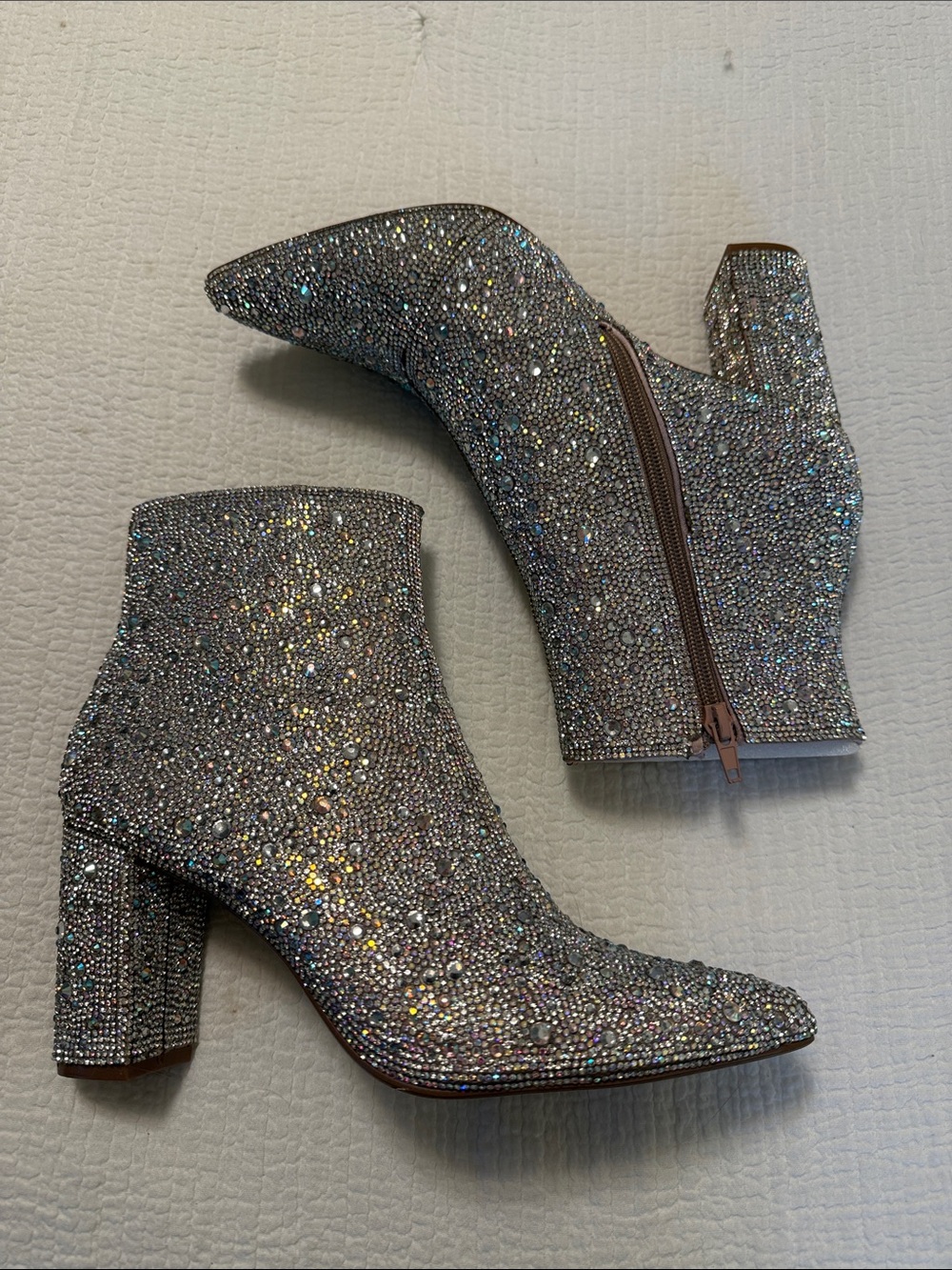 Silver Crystal Embellished Ankle Booties - Women's Sparkle Block Heel